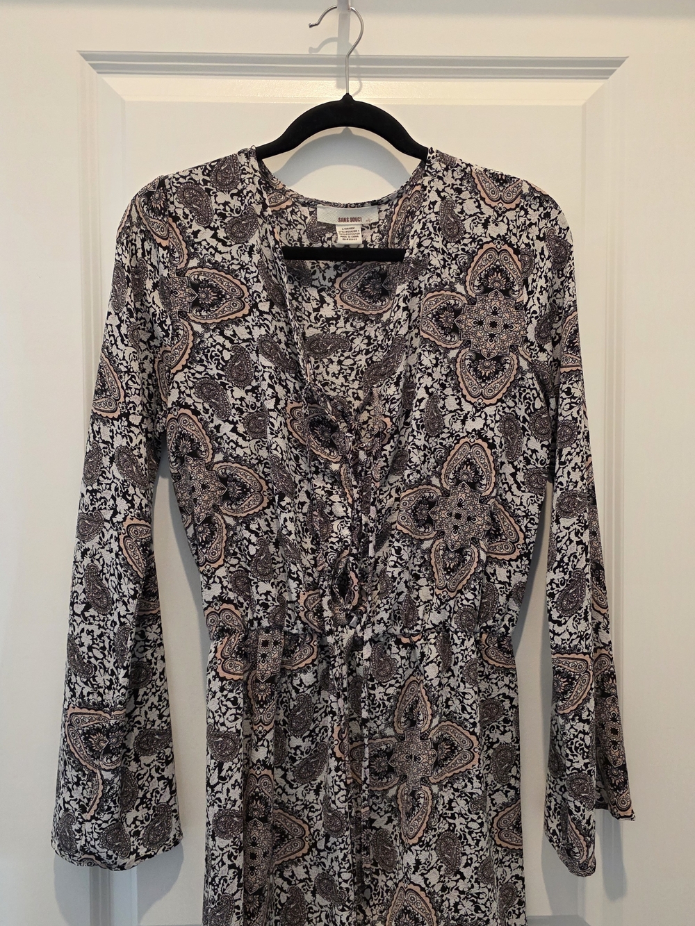 Boho-Inspired Black and Cream Paisley Long-Sleeve Romper